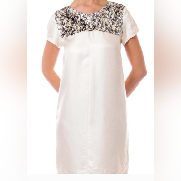 Vera Wang Lavender Label Embellish Trim Silk Sequin Confetti Ivory Yolk Dress 0 - Picture 12 of 16